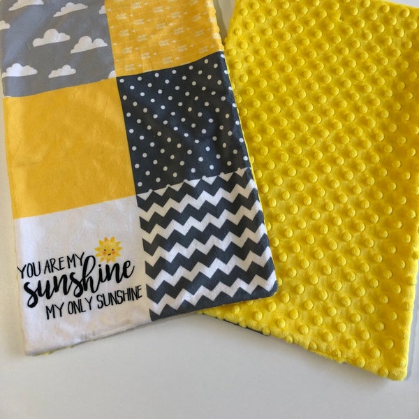 You are my sunshine burp cloth, minky burp cloth, gender neutral, baby boy girl, new baby gift, yellow gray shower clouds, lovie