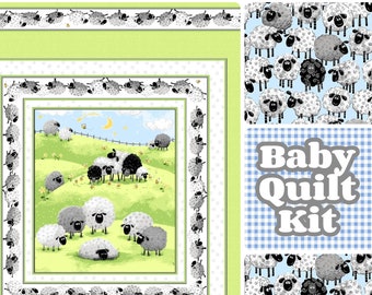 baby boy quilt kit, sheep lamb, baby blue, green, gingham happy cloud bee, easy panel quilt kit, nursery diy fun sewing project, Cottontops