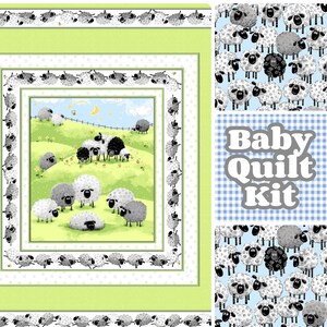 baby boy quilt kit, sheep lamb, baby blue, green, gingham happy cloud bee, easy panel quilt kit, nursery diy fun sewing project, Cottontops