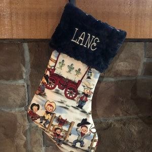 Christmas Stockings for boys, Cowboy, cowpoke, little boys toddler, personalized, nostalgic retro vintage cowboys, rodeo, chuck wagon minky image 4