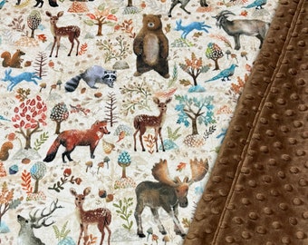 Woodland animals blanket, minky throw, fox deer buck fawn, brown bear,moose, squirrel, neutral colors, new baby gift, soft girl boy