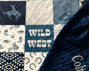 Cowboy blanket, personalized baby boy blanket, western theme, wild west, horses, buffalo navy blue gray, minky, toddler boots bronco spurs
