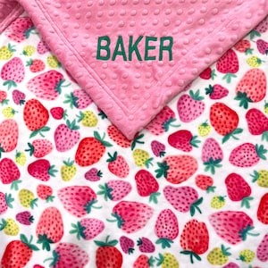 Strawberry baby girl blanket, personalized, fresh strawberries, summer fun cute adorable, designer minky, new baby gift, soft cute plush