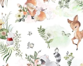Nursery flannel fabric by the yard,  baby animals, woodland, deer, fox, raccoon, baby soft fabric