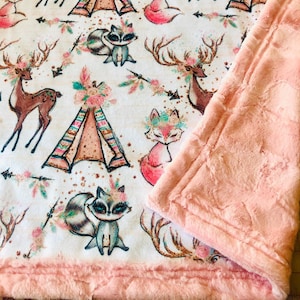 Woodland Baby Girl Blanket Fox Buck Deer Antlers Raccoon Teepee