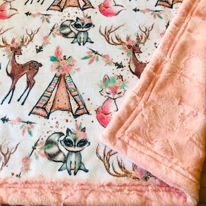 woodland baby girl blanket, fox buck deer antlers raccoon, teepee floral flowers, new baby gift personalized, pink pretty, designer minky