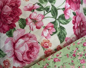 Pre-quilted roses, fabric by the yard, cotton quilted fabric, pink roses, floral, pastel pink, happy baby girl, easy diy quilt, green