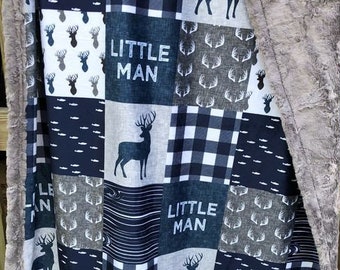 Little man blanket, personalized baby boy, blue plaid woodland, Lumberjack, designer minky, hunting, toddler, deer buck antlers, country