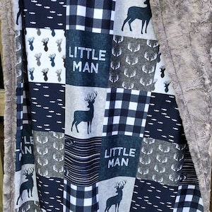 Little man blanket, personalized baby boy, blue plaid woodland, Lumberjack, designer minky, hunting, toddler, deer buck antlers, country