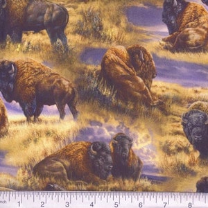 Prairie Bison Hunt Blue Satin Fabric By the Yard Pre Order