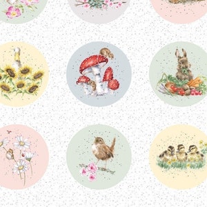 May include: A collection of 25 illustrated circles featuring various animals, birds, and insects. Each circle has a different color background and features a unique design. The circles are arranged in a grid pattern.