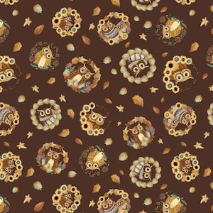 Owl fabric by the yard, Happy Fallidays, wreath, sunflowers, fall fabric, pretty quilting cotton, autumn harvest