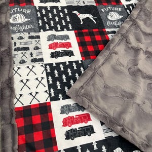 Fire truck baby blanket,Buffalo plaid, boy,designer minky,fireman,dog,dalmation,fire engine red,nursery decor ideas,crib bedding,faux quilt