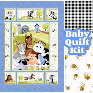 Baby quilt kit, farm animals, horses cows sheep, pig blue green, toddler boy, easy panel quilt, sewing barnyard, cotton fabric, bees barn