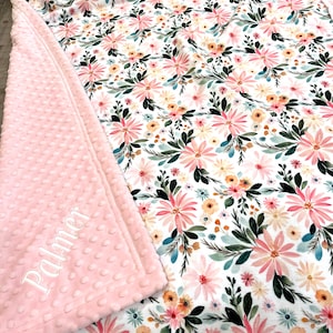 pink daisies, floral baby girl blanket, blush pink, daisy flowers, designer minky, personalized, new baby gift, botanical, soft minky