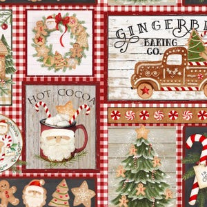 May include: A fabric pattern featuring a red and white gingham background with various Christmas-themed illustrations including a gingerbread wreath, a truck labeled GINGERBREAD BAKING CO., a Santa mug with candy canes, and a decorated pine tree.