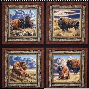 May include: A brown and black fabric with a repeating pattern of framed images of bison in a grassy field. The images are set against a dark brown background.