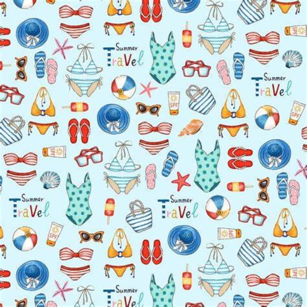 Summer fabric, by the yard, Michael Miller, Portofino Sunbathing, beach swimsuits, blue cotton quilting, 4th of July, bikini sunglasses