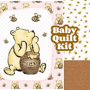 Honey Bear, Quilt Kit Fabric, baby quilt, retro nostalgic, easy panel quilt, honey bees, yellow, pink girl, new baby gift diy