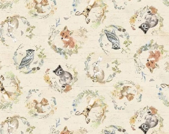 Wildwood fabric, woodland animals, cotton quilting fabric, khaki, fox deer raccoon