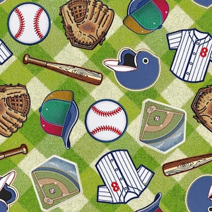 May include: A repeating pattern of baseball-themed patches on a green and white checkered background. The patches include baseballs, gloves, bats, baseball caps, and baseball jerseys with the number 8.
