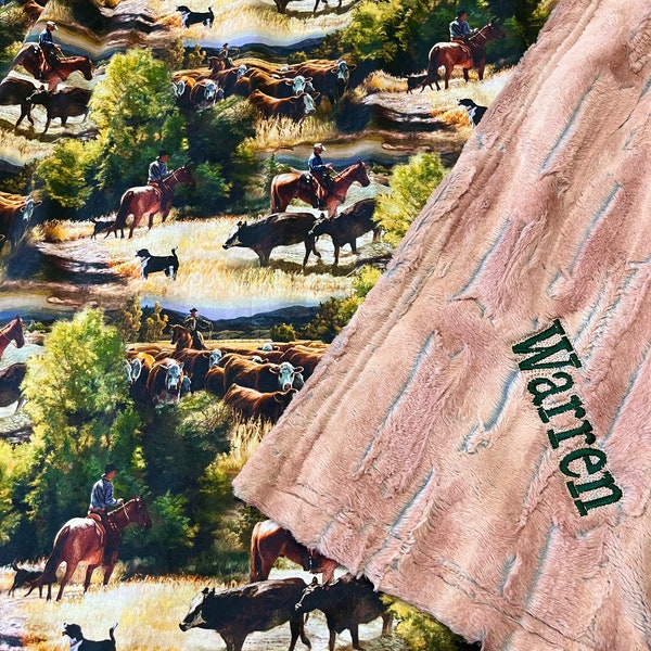 Cowboy Baby Blanket, Western Cowpoke, Country Boy Designer Minky, Retro Rodeo, Roping, ranch nursery decor, personalized throw, horses, cows