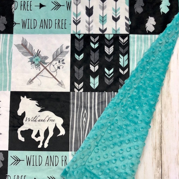 Horse baby blanket, minky girl southwest, toddler, country rustic, turquoise gray, faux quilt, new baby gift, handmade boho feathers arrows