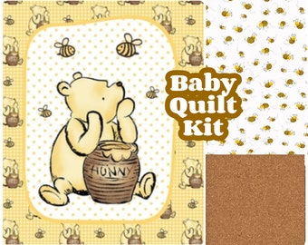 Honey Bear fabric, Quilt Kit Fabric, baby quilt, retro nostalgic, easy panel quilt,  honey bees, yellow, boy or girl, new baby gift diy