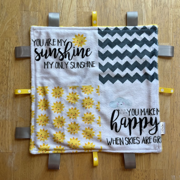 You are my sunshine tag blanket,designer minky, baby gender neutral, baby boy, girl, new baby gift, happy yellow, gray shower clouds, lovie