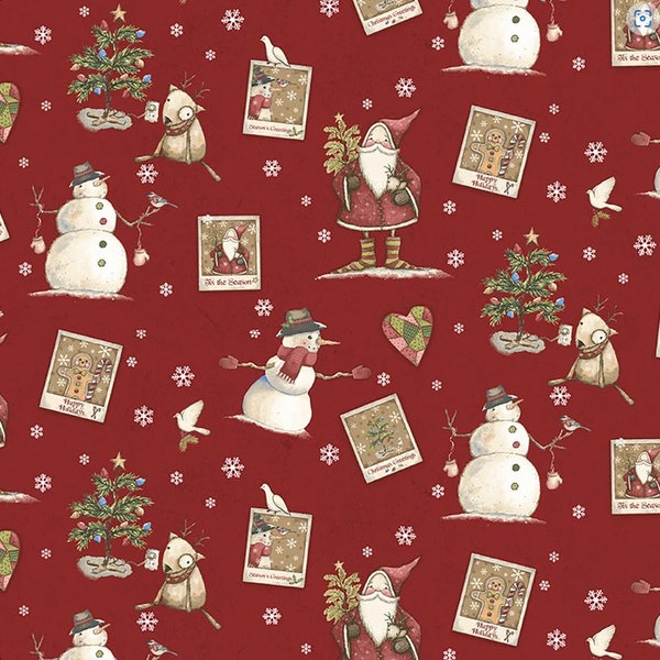 Snowman Christmas fabric, red white, Santa snowman, snow man, cotton fabric by the yard, Christmas Postcard, holiday nostalgic festive