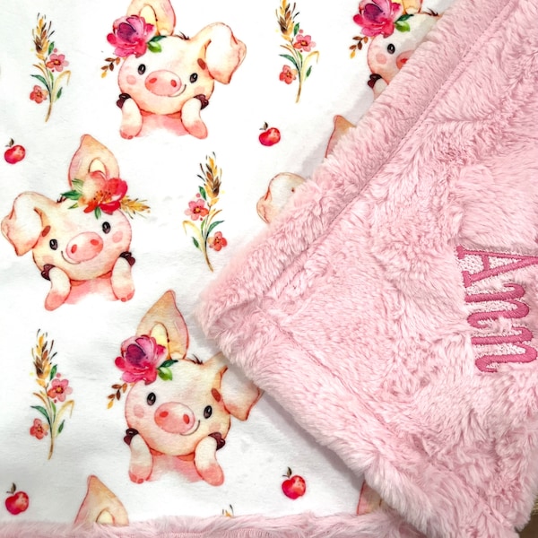 piglet baby girl blanket, pigs piggies, cute farm animals, floral flowers, new baby gift, personalized, pink pretty, designer minky, happy