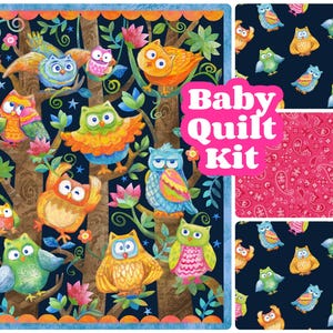 Owl Baby Quilt Kit, baby girl quilt kit, owls pretty, bright colorful pink, crib diy, easy panel kit, fabric, floral cotton, fun tree