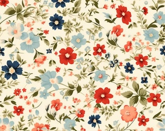 31" end of bolt Vintage Floral fabric, orange navy light blue, fabric by the yard or half yard, quilting cotton, flowers