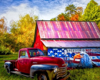 Red Truck fabric panel, Freedom is not free, patriotic vintage barn quilt cotton, Country digital easy quilt panel, retro nostalgic, farm