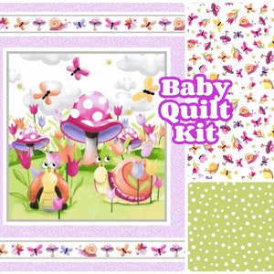 baby quilt kit, girl butterflies,mushrooms pink, green purple,cute snail shell,floral flowers,happy bees,easy panel,nursery diy,fun sewing