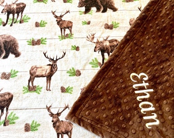 Woodland Baby Blanket, buck deer antlers, Bear Moose, cabin Woods forest animals, rustic decor, personalized adult throw, brown tan pines