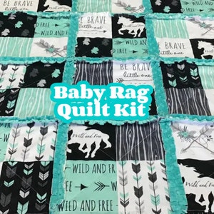 Horses baby quilt kit, rag minky, blanket kit diy, easy to make, aqua, teal, gray, toddler precut soft, new baby gift, fabric squares