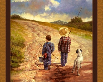Op de afbeelding: Twee jongens, een met een strohoed en de ander met een emmer, lopen met hengels over een zandpad. Een hond loopt achter hen aan. Het schilderij is geschilderd tegen een blauwe lucht met witte wolken.