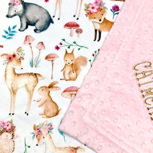 woodland baby girl blanket, fawn deer pink, floral crown flowers, bunny rabbit, fox hedgehog, designer minky, personalized new baby gift,