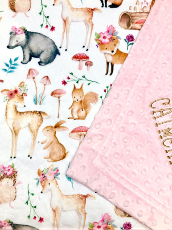 Woodland Baby Girl Blanket Fawn Deer Pink Floral Crown Flowers