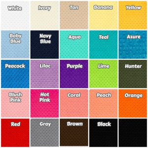 May include: A color chart with 25 fabric swatches. The swatches are arranged in a 5x5 grid. The colors include white, ivory, tan, banana yellow, baby blue, navy blue, aqua, teal, azure, peacock, lilac, purple, lime, hunter, blush pink, hot pink, coral, peach, orange, red, gray, brown, and black.