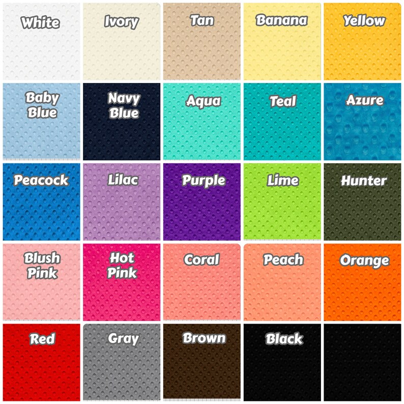 May include: A color chart with 25 fabric swatches. The swatches are arranged in a 5x5 grid. The colors include white, ivory, tan, banana yellow, baby blue, navy blue, aqua, teal, azure, peacock, lilac, purple, lime, hunter, blush pink, hot pink, coral, peach, orange, red, gray, brown, and black.