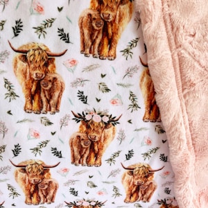 Highland Cows blanket, cattle cow minky, baby girl, floral pink, flowers, farm country rustic, new baby gift, farmhouse boho, cute soft