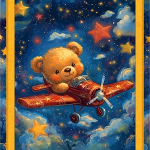 Airplane Teddy panel, baby kid boy, easy quilt panel diy, toddler fun happy, blue, stars night sky, fun sewing project, teddy bear