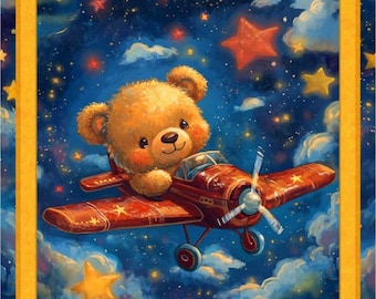 Airplane Teddy panel, baby kid boy, easy quilt panel diy, toddler fun happy, blue, stars night sky, fun sewing project, teddy bear