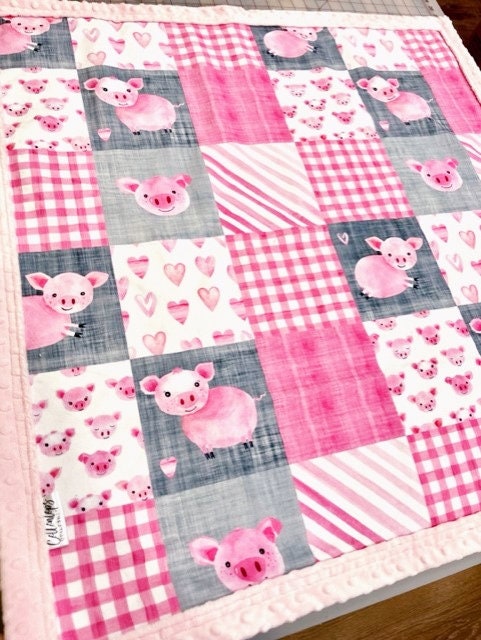 pink pig baby girl blanket, squares piglet, piggy, flowers, new baby gift, personalized, pretty designer minky, cute farm animals, hearts