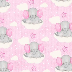 May include: A repeating pattern of baby elephants with pink ears and accents, sitting on white clouds. The background is a light pink with white stars and pink star shapes.