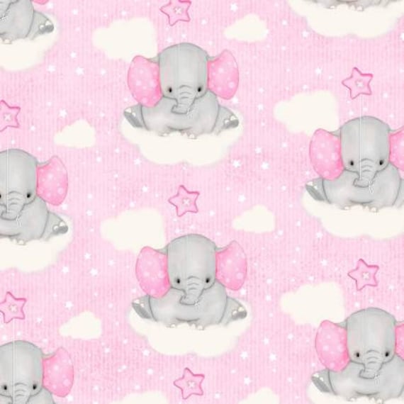 pink elephants flannel fabric, by the yard, clouds Flannel, baby girl soft, 100 percent cotton flannel, adorable cute, stars