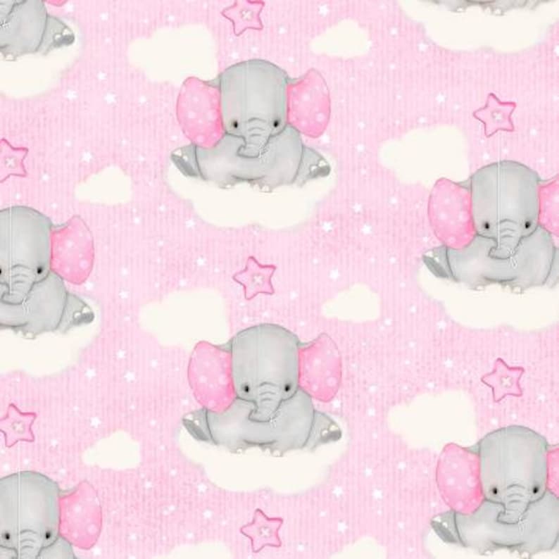 May include: A repeating pattern of baby elephants with pink ears and accents, sitting on white clouds. The background is a light pink with white stars and pink star shapes.