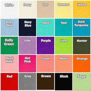 May include: A colour chart showcasing 25 different colours, each presented in a square. Colours include white, ivory, tan, banana yellow, baby blue, navy blue, aqua, teal, dark turquoise, kelly green, lilac, purple, lime, hunter, blush pink, hot pink, coral, peach, orange, red, grey, brown, black, and sage.